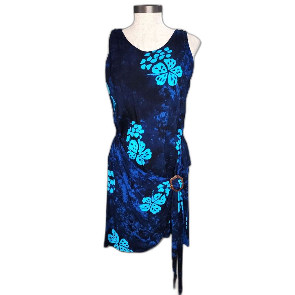 NWOT Young Fashion Blue Floral Wrap Sun / Beach Dress Sz M